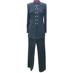 St. John Couture Jacket Pant Set 6 Forest Green Santana Knit Zip Front Hi Neck